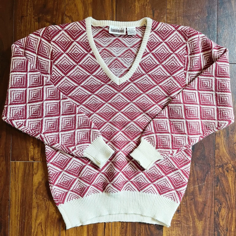 Vintage Country Suburbans Geometric Pattern V-Neck Sweater